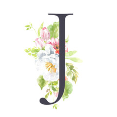 Watercolor Black,charcoal floral alphabet. Spring flowers letter J monogram initials illustration. Botanical, rose peony bouquet, green, garden decor. Spring wedding stationery greeting card, rsvp