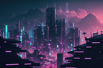 Obraz premium Nighttime view of an Asian cyberpunk city. Skyscrapers, neon, and a fantastic cyber city. Generative AI