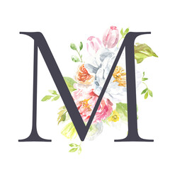 Watercolor Black,charcoal floral alphabet. Spring flowers letter M monogram initials illustration. Botanical, rose peony bouquet, green, garden decor. Spring wedding stationery greeting card, rsvp