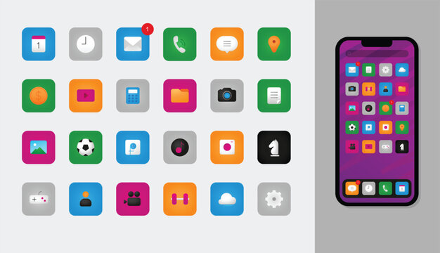 Set of pseudo-volumetric icons for smartphone