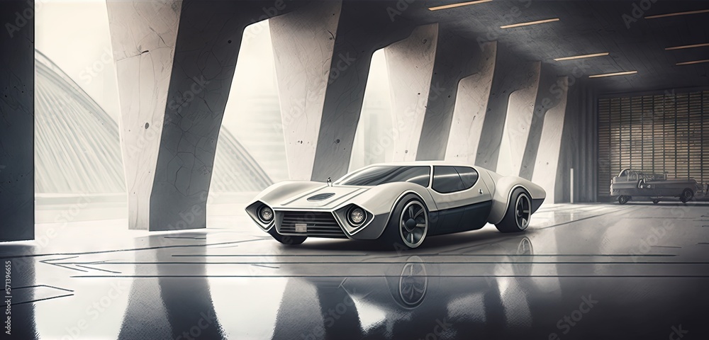 Poster depiction of a car against a background of futuristic architecture and an empty concrete floor. gene