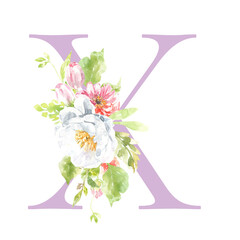 Watercolor lilac, Rose, pink floral alphabet. Spring flowers letter X monogram initials illustration. Botanical, rose peony bouquet, green, garden decor. Spring wedding stationery greeting card, rsvp