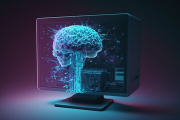 Double exposure shows a desktop computer drawing a hologram of the brain. Concept of artificial intelligence. Generative AI
