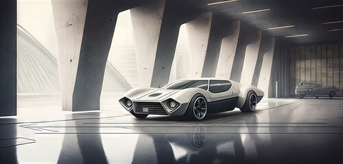 depiction of a car against a background of futuristic architecture and an empty concrete floor. Generative AI