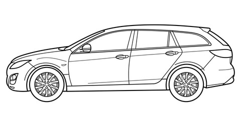 Classic station wagon. Side view shot. Outline doodle vector illustration. Design for print, color book