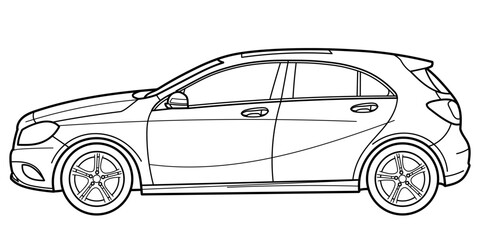 Outline drawing of a hatchback car from side 3d view. Classic style. Vector outline doodle illustration. Design for print or color book.