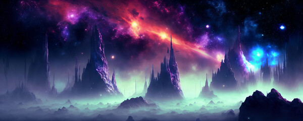 Colorful Science Fiction landscape background with stars. Generative AI