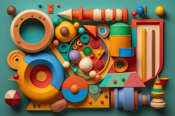 Abstract representation of childhood toys with different shapes colors and textures, concept of Creative Expression and Imagination, created with Generative AI technology