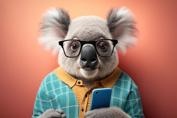 Studio photo portrait of a happy koala in holding a phone, created with Generative AI technology
