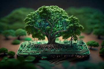 trees are growing in from circuit boards, Generative AI, clean energy, renewable energy, green technology, sustainable design