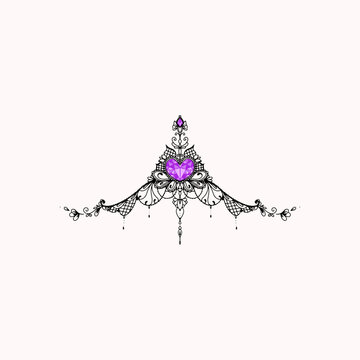 sternum and underboob tattoo art vector. Fine line black ink feminine tattoo of a purple diamond heart. 