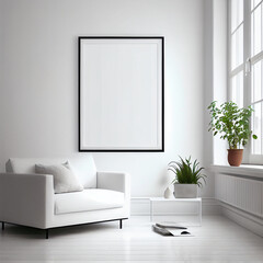Frame mockup in living room. Wall art framed canvas poster mockup. Generative AI