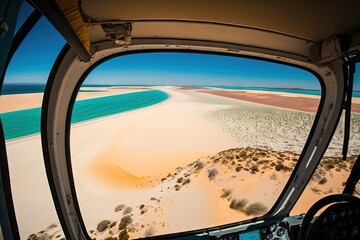overhead picture of the beach and sand dunes in Western Australia's Shark Bay. Photographed while firing out of a Cessna's open door. Generative AI