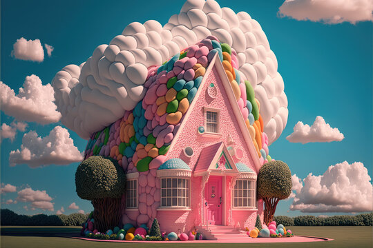 A house surrounded by clouds and trees, pop surrealism, behance hd, rendered in cinema4d, artstation hq, generative AI