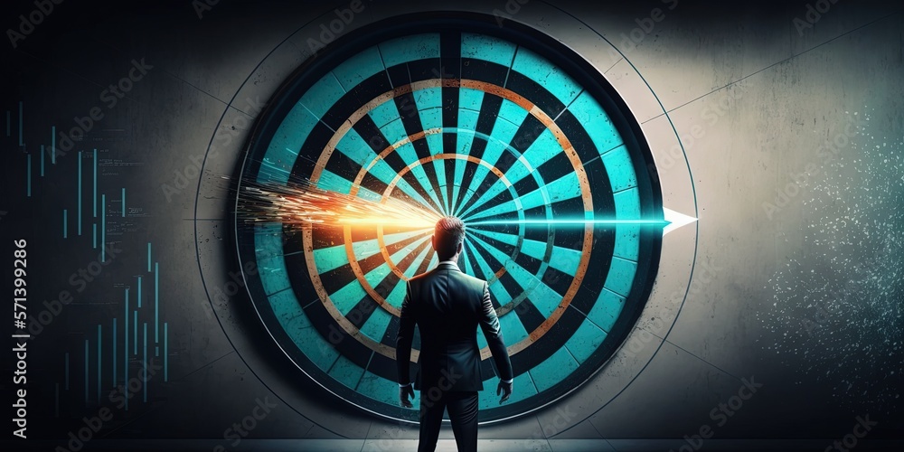 Poster a businessman is in control of a dart that is thrown towards a target in the center of a board that 