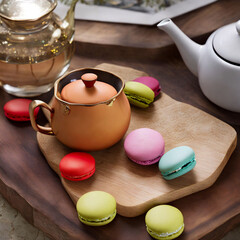 Obraz na płótnie Canvas colorful teapots and colorful macarons on a wooden table. Generative AI