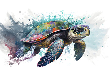 Fototapeta na wymiar illustration of multicolored sea turtle swimming amidst stains of watercolor paint