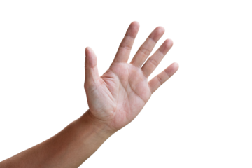 Male hand in waving gesture, saying hello. Front view of the palm. Isolated.