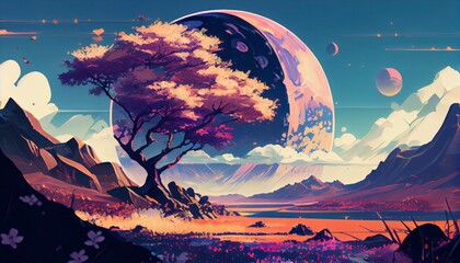 beautiful landscape in spring season with the mountain in anime style geneartive ai 