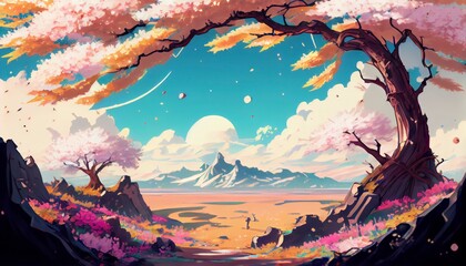 Fototapeta premium beautiful landscape in spring season with the mountain in anime style geneartive ai 
