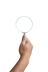 Fototapeta na wymiar Man holding a magnifying glass with one hand. Isolated.