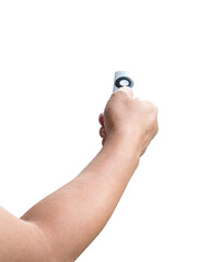 Fototapeta premium Man holding a tv remote controller. Isolated.