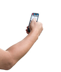 Male hand using tv remote controller. Isolated.