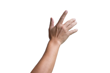 Male hand gesturing sliding up or touching screen. Isolated.