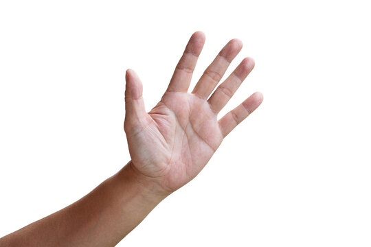 Male hand in waving gesture, saying hello. Front view of the palm. Isolated.