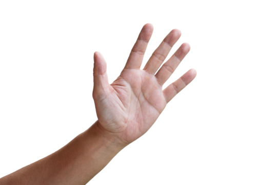 Male hand in waving gesture, saying hello. Front view of the palm. Isolated.