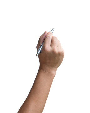 Man hand holding a pen to write on board. Isolated.