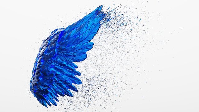 Metallic blue tone black wing with blue particles under black-white lighting background. Concept image of free activity, decision without regret and strategic action. 3D CG. 3D illustration.