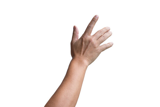 Male hand gesturing sliding up or touching screen. Isolated.