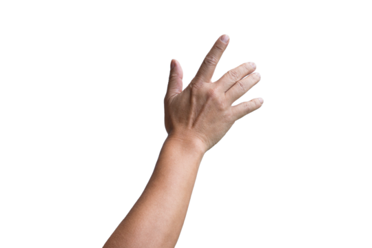 Male hand gesturing sliding up or touching screen. Isolated.