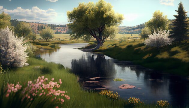 beautiful landscape view with clean river generative ai