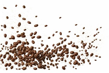 Obraz premium On a white background, roasted coffee beans appear to be flying from top to bottom with a motion effect. Generative AI