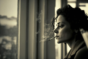 A thin woman with a tired face smokes a cigarette, in profile at night. Ai generated