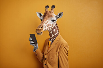 Fototapety  Studio photo portrait of a happy giraffe in business clothes with phone, concept of Business Casual and Professionalism, created with Generative AI technology
