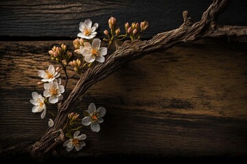 closeup of a lovely bloom branch over a wooden backdrop. Generative AI