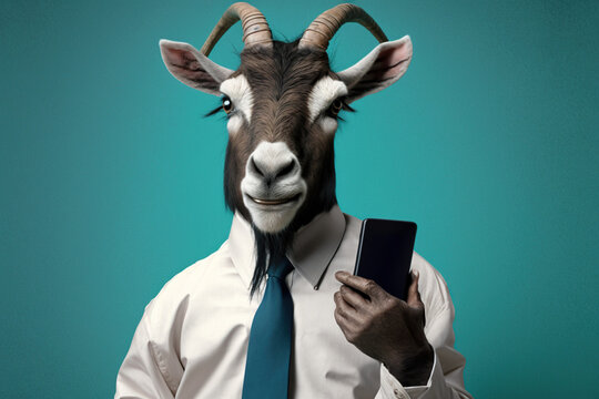 Studio photo portrait of a happy goat in business clotes with phone, concept of Business Casual and Animal Portrait, created with Generative AI technology