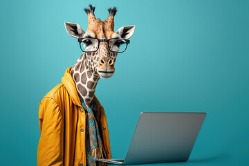 Studio photo portrait of a happy giraffe in hipster clothes working on laptop, concept of Vibrant Colors and Creative Pose, created with Generative AI technology - obrazy, fototapety, plakaty