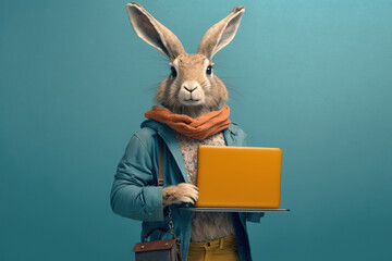 Studio photo portrait of a happy hare in hipster clothes working in laptop, concept of Hipster look and Animal photography, created with Generative AI technology - obrazy, fototapety, plakaty