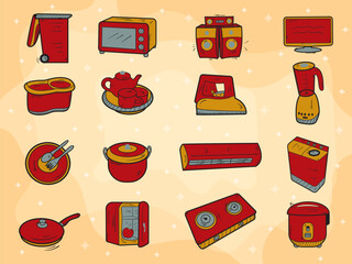 Collection of Doodle Household Appliances Icons Hand Drawn, and Decorated in Color, Household Appliances Vector Illustration