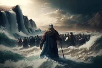 Foto op Plexiglas Exodus of the bible, Moses crossing the Red Sea with the Israelites, escape from the Egyptians, illustration © Carlos Montes