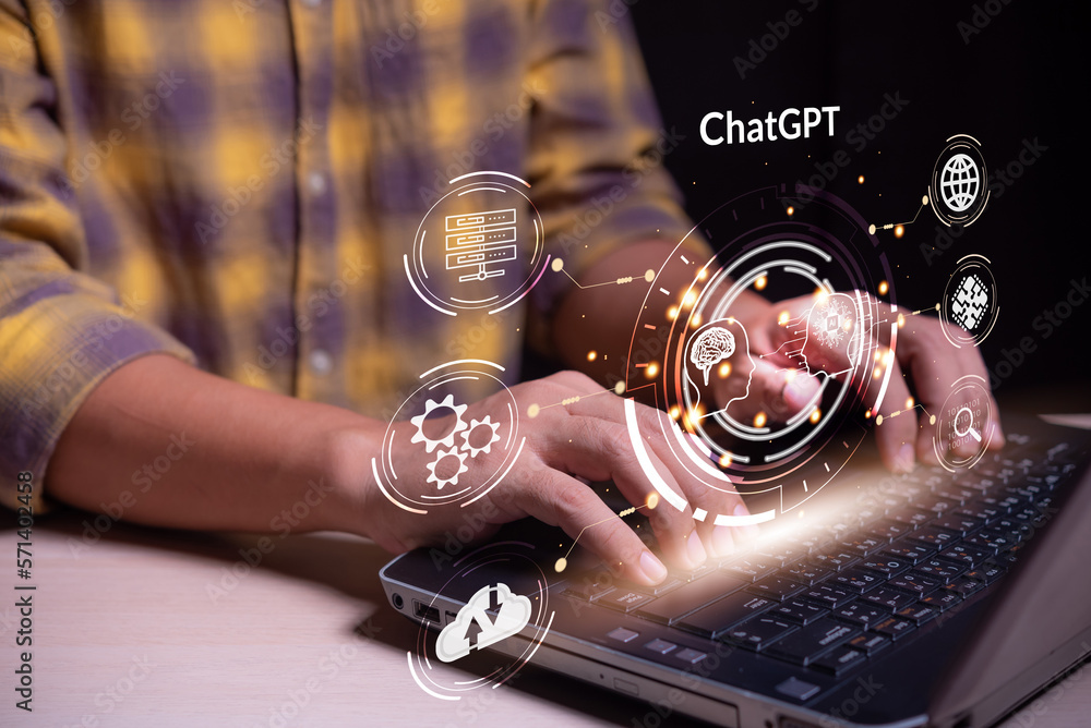 Aufkleber Futuristic technology transformation, Chatbot Chat with AI , Artificial Intelligence.man using laptop, artificial intelligence by enter command prompt for generates something