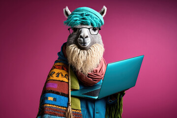 Studio photo portrait of a happy lama in hipster clothes using a laptop, concept of Bright Colors and Stylish Outfit, created with Generative AI technology - obrazy, fototapety, plakaty