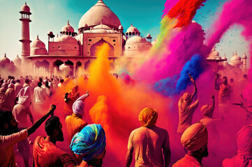 Festival of Indian people culture with vibrant colorful powder. generative ai.