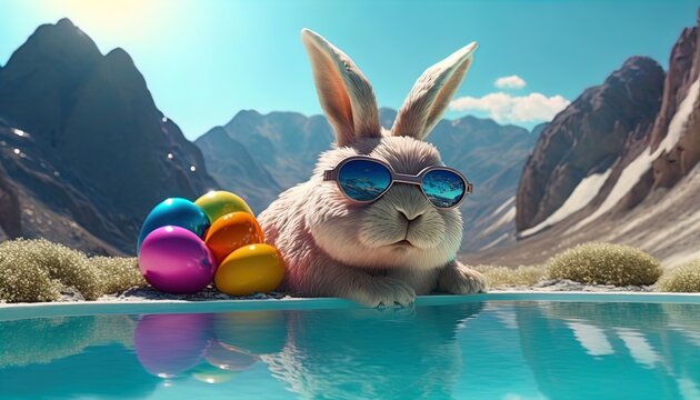 Colorful beautiful Easter dream with Easter bunny on vacation trip created with generative ai technology