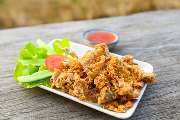 Fried pork intestine with garlic with sauce on plate - Fried pork offal Thai food or snacks