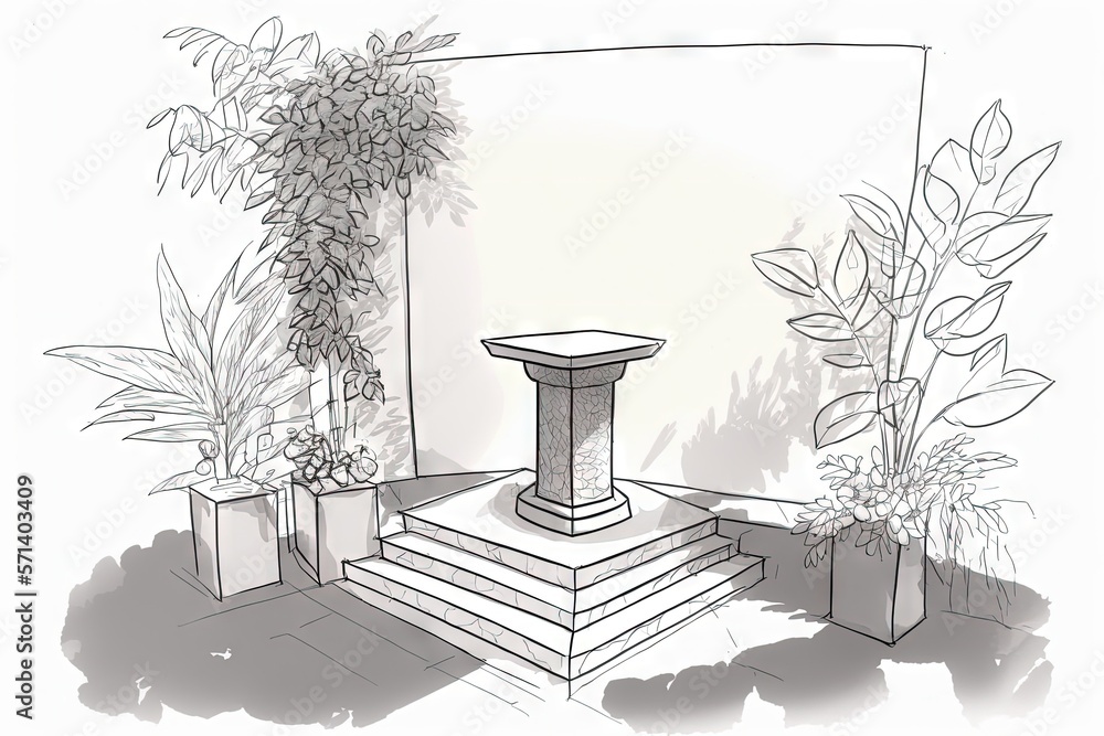 Poster drawing of a nature themed podium in an empty space for a product display. generative ai